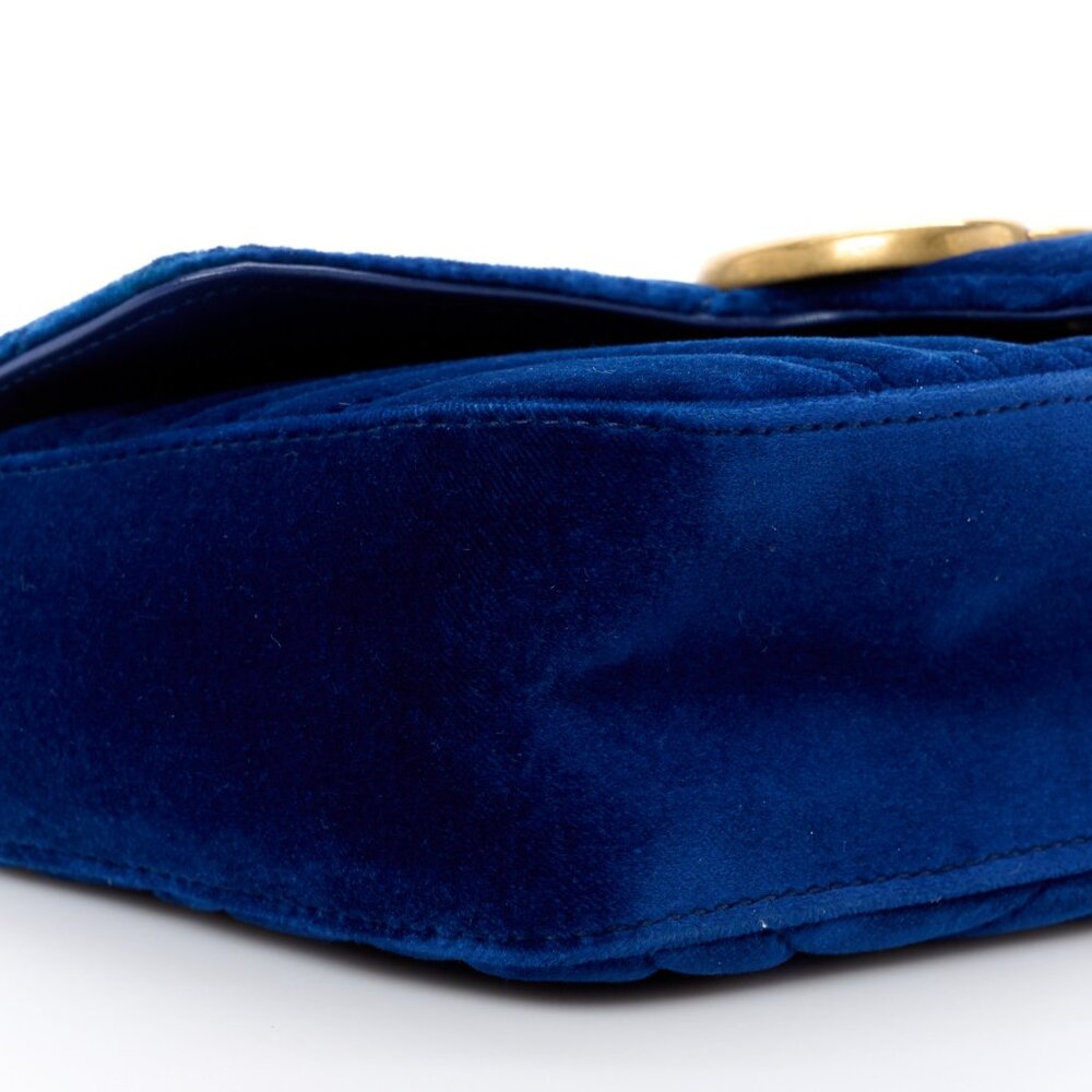 Gucci Velvet Matelasse Small GG Marmont Shoulder Bag Cobalt Blue Gold Handbag NW - Picture 3 of 9